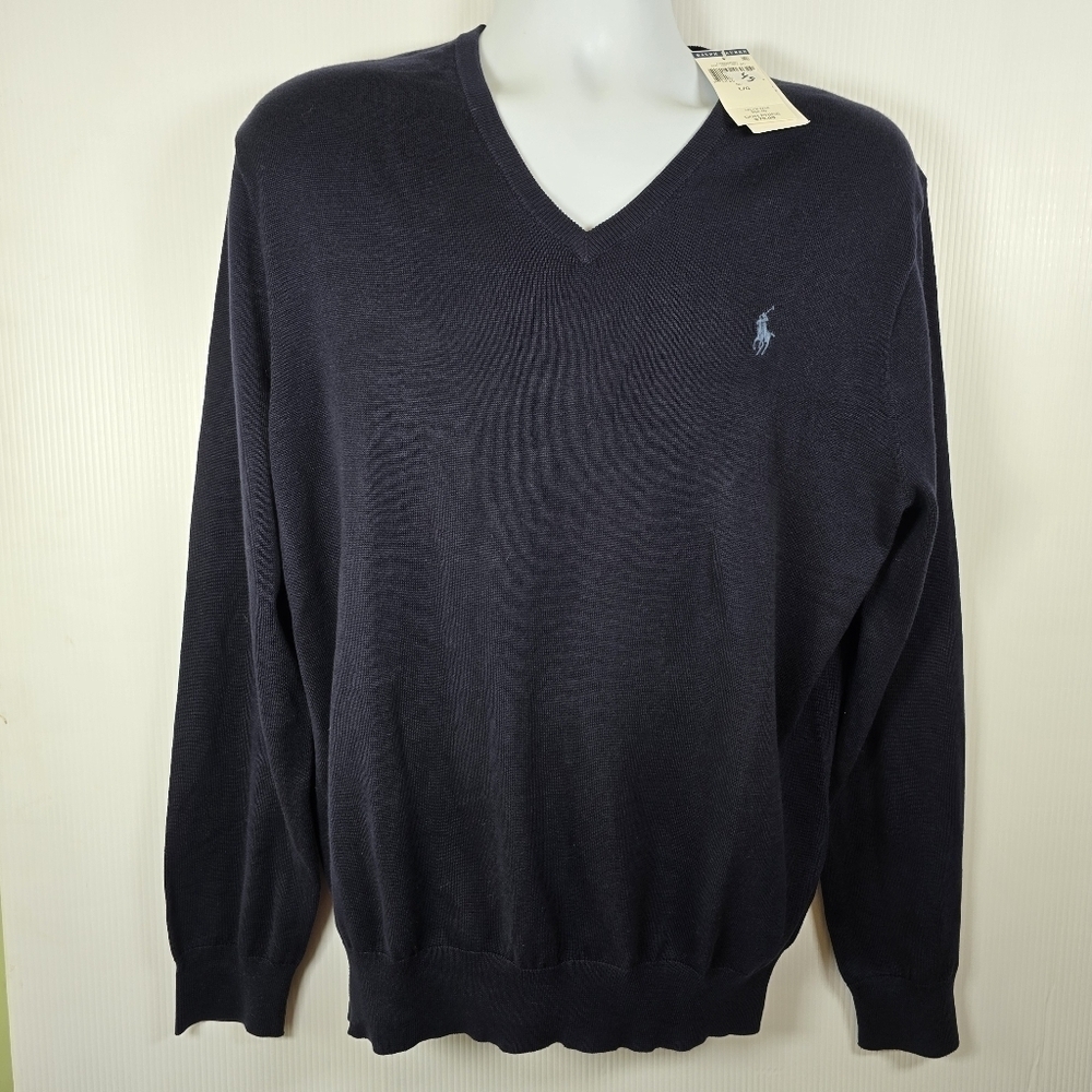 NWT Polo Ralph Lauren Men's Navy V-Neck Pima Cotton Sweater Long Sleeve Size L